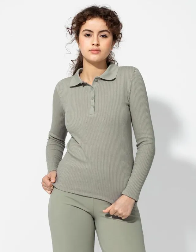 New Poloshirt - Rippenstruktur - Damen Langarmshirts
